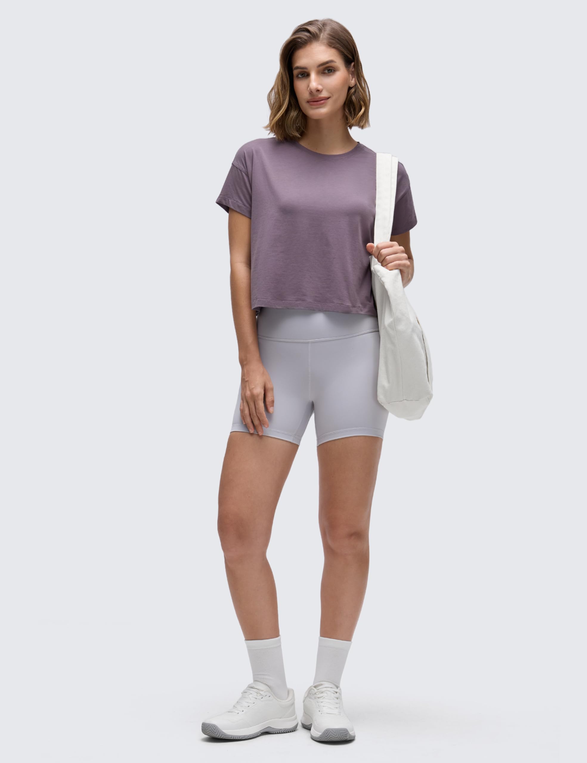 CRZ YOGA De Las Mujeres Algodón Pima Ejercicio Camisas Manga Corta Suelto Cultivo Tops Atlético Gimnasia Camisa