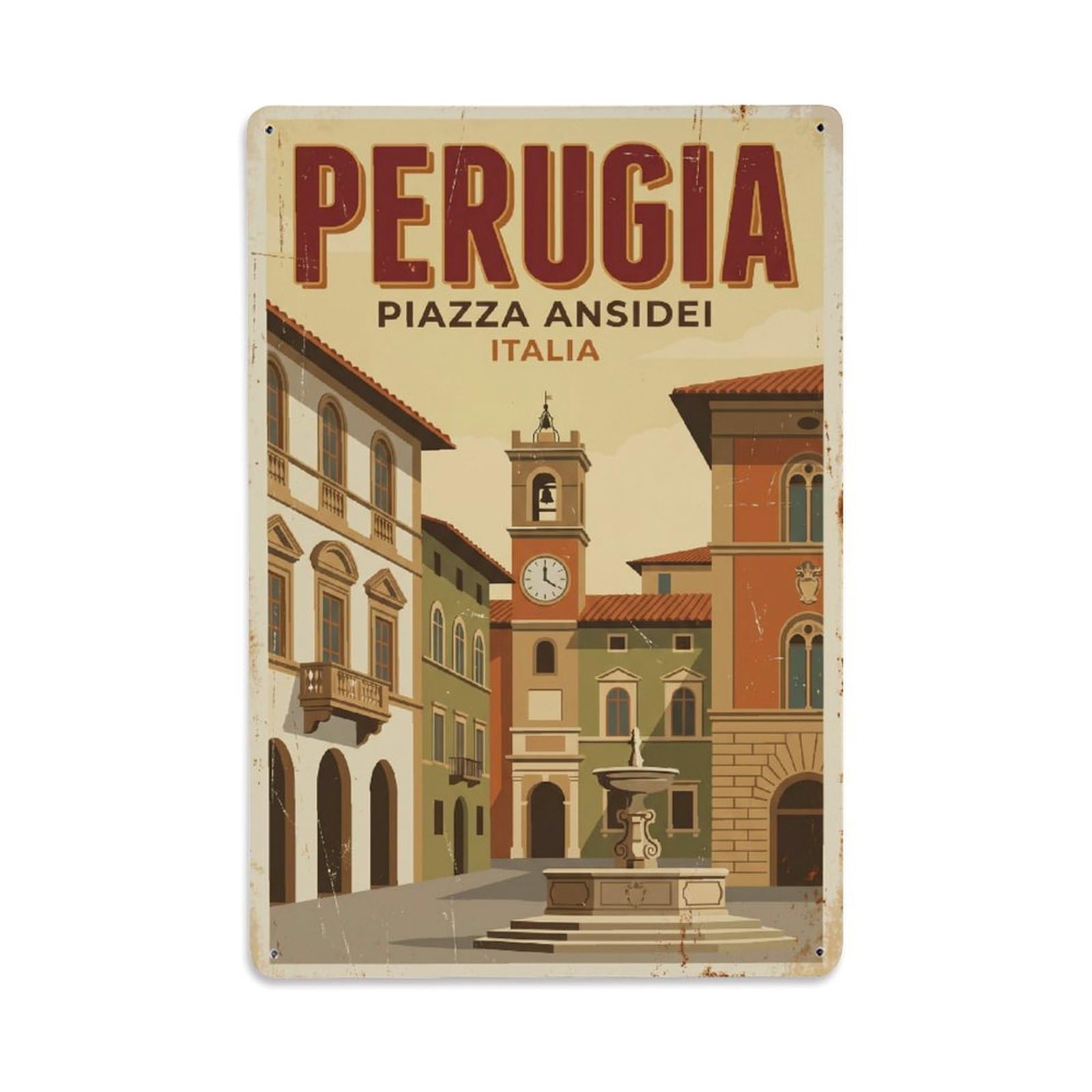 Vintage Travel Perugia Piazza Ansidei Italy Metal Tin Sign Plaque Wall Decor for Cafe, Club Bar, Office, Home Garden Metal Poster 8x12Inch