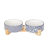 Selamica Ceramic 14 OZ Dog Bowls, Dog Food and Water Bowls with Wooden Stand, Anti-Slip Dogs Dishes Set for Cats & Small Dogs, Weighted Pet Bowls Set of 2, Vintage Blue B 14 oz Vintage Blue B
