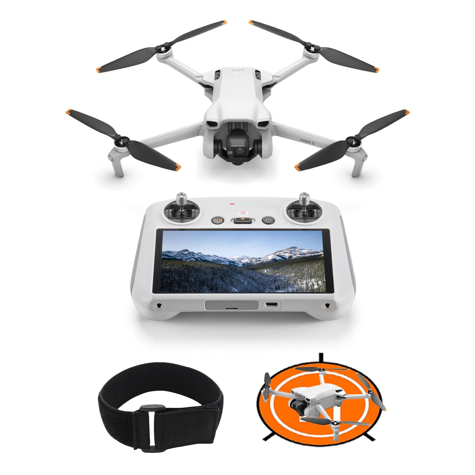 DJI Mini 3 (con DJI RC) Bundle– Mini Drone con Fotocamera Leggero e Pieghevole con Video in 4K HDR, Autonomia di 38 Minuti, C0 (Drone Landing Pad+fascia elastica)