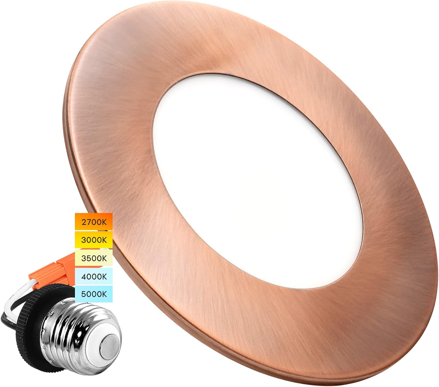 LUXRITE 4 Inch LED Recessed Ceiling Light, 5 Color Selectable 2700K-5000K, Magnetic Trim Downlight, Dimmable, Installs into 4 Inch Junction Box or Can Housing, 500 LM, Wet Rated - Copper