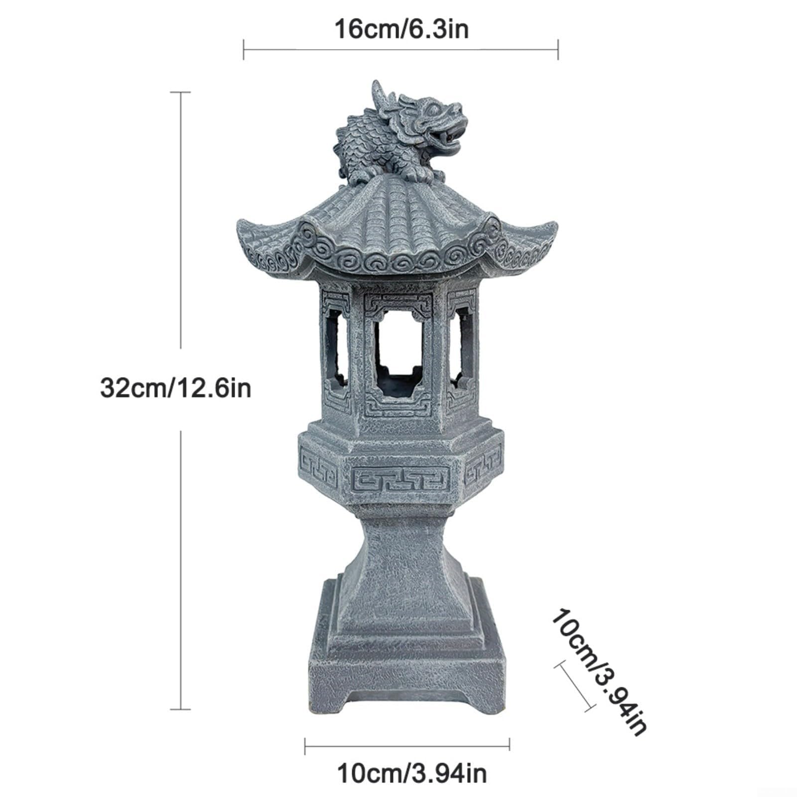 Farol de pagoda alimentado por energía solar, estatua de jardín de resina resistente con luz automática, decoración asiática al aire libre para patio gris (luces de mascota)