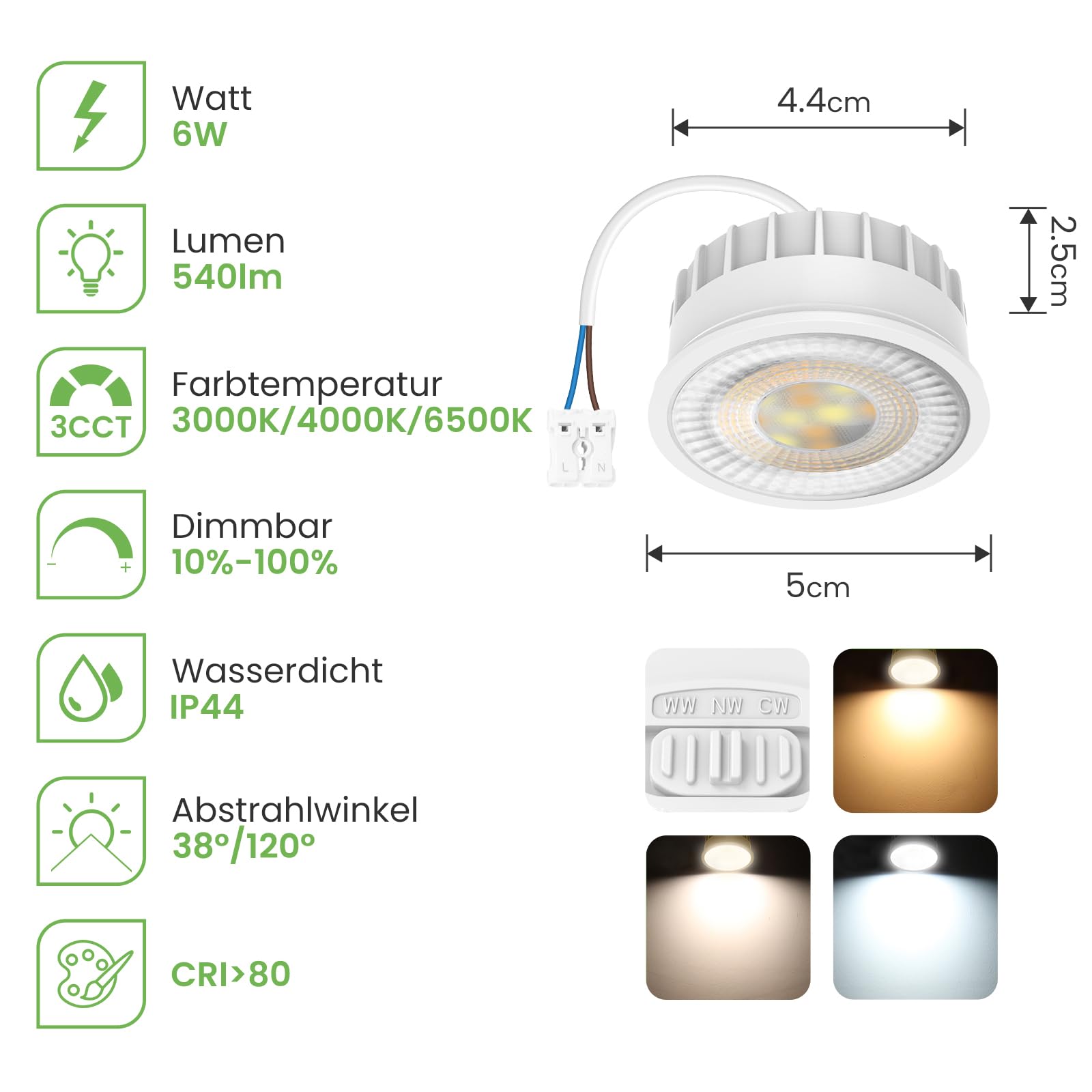 ALUSSO LIGHTING Modulo LED Ultra Piatto ø50x25mm per Faretto da Incasso, 6W 540lm 230V, Bianco Caldo Naturale Freddo Dimmerabile, Sostituisce Lampadine GU10 MR16, Impermeabile IP44, Confezione da 6
