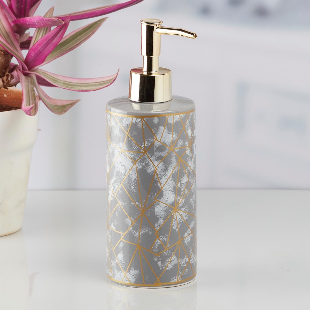 Ceramic Soap Dispenser with Stylish Refillable Pump Bottle for Bathroom Handwash & Kitchen Wash Basin, Perfect for Hand Soap, Lotion, and More, Grey/Gold, (Set of 1) (10208)