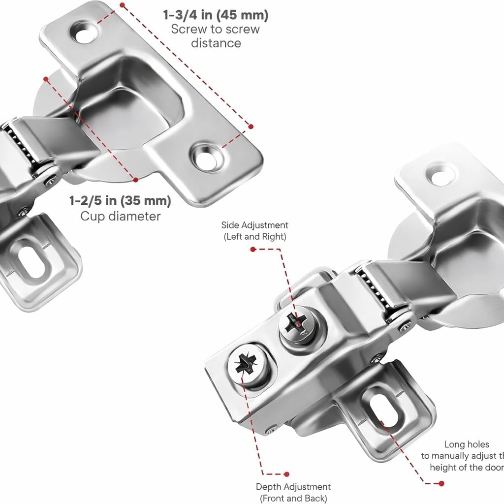 Berta 10 Pack, 3/8" Overlay Hinges, 45mm Stainless Steel Quiet 3D Soft Close Concealed for Face Frame Door ＆ Frameless Door, 105° Open Angle Kitchen Replacement, Self Closing Hidden, Satin Nickel