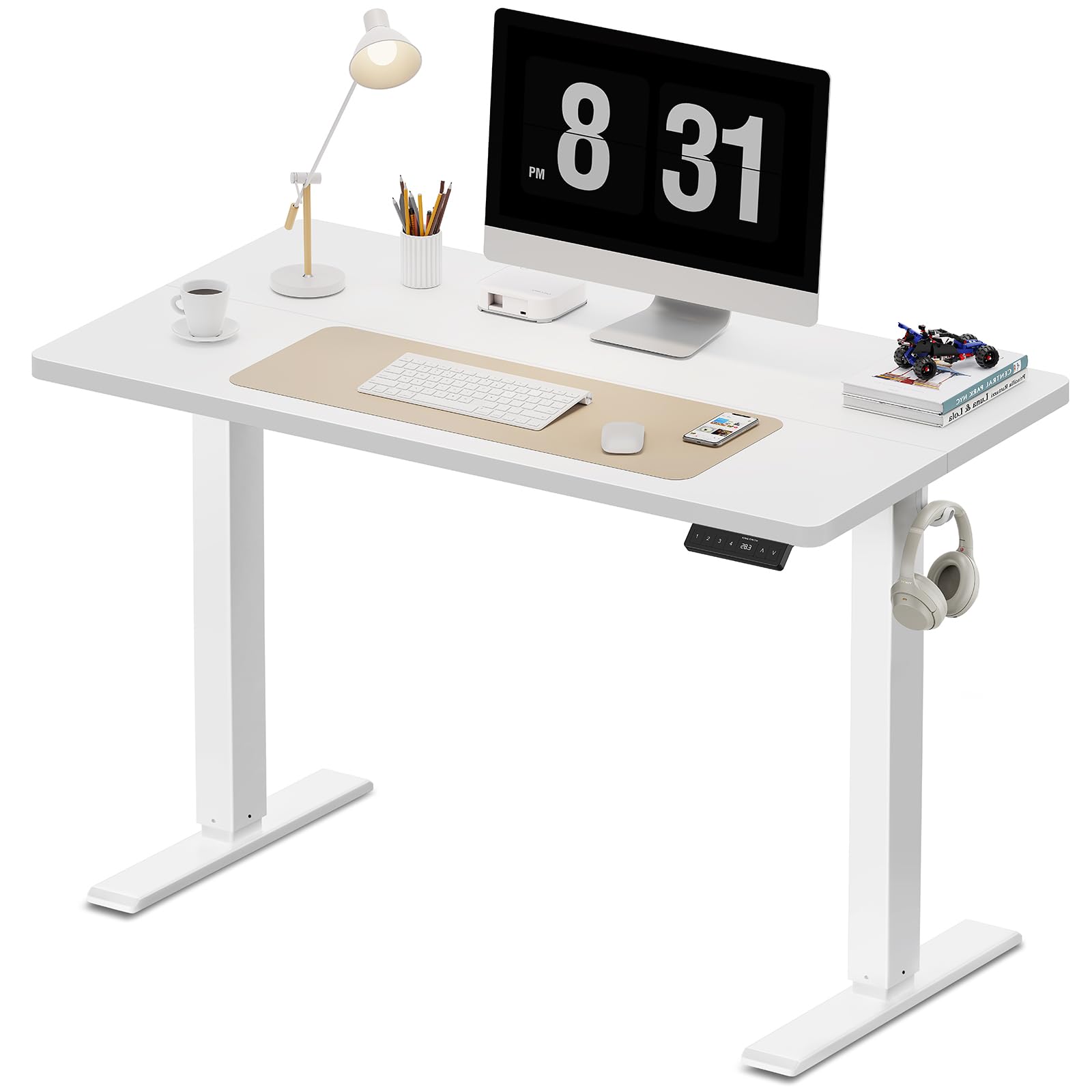 WALKINGDESK Scrivania Regolabile in Altezza, 100 x 60 cm Tavolo Elettrica con 2 Ganci, Standing Desk con Memoria per 4 Altezze, Scrivanie in Piedi in Casa con Piano Assemblato, Bianco