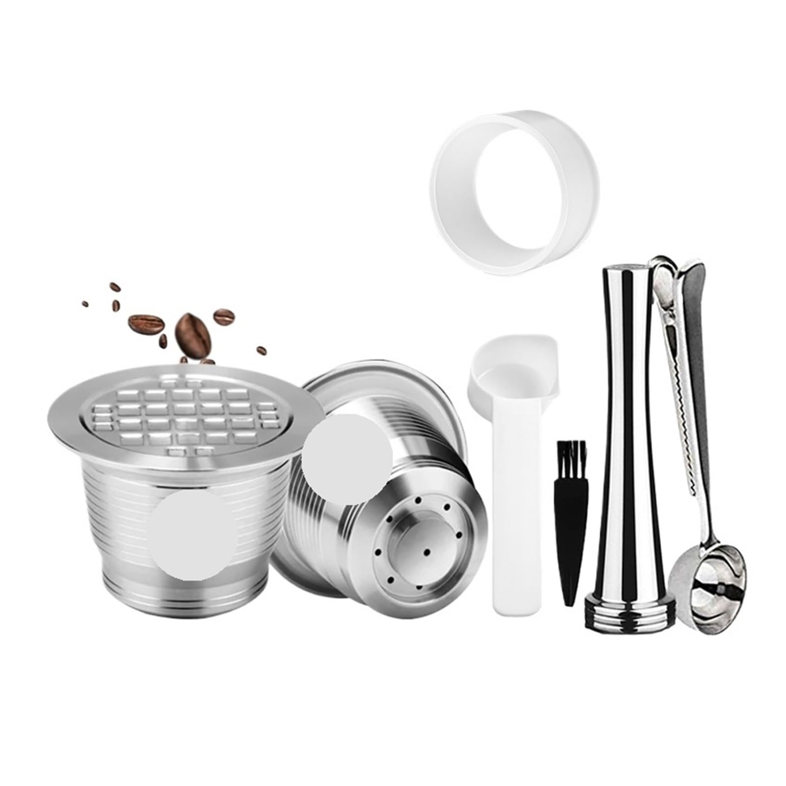 Molinillo reutilizable de acero inoxidable for cápsulas café, taza con filtro rellenables(2 Capsule 1 Tamper)