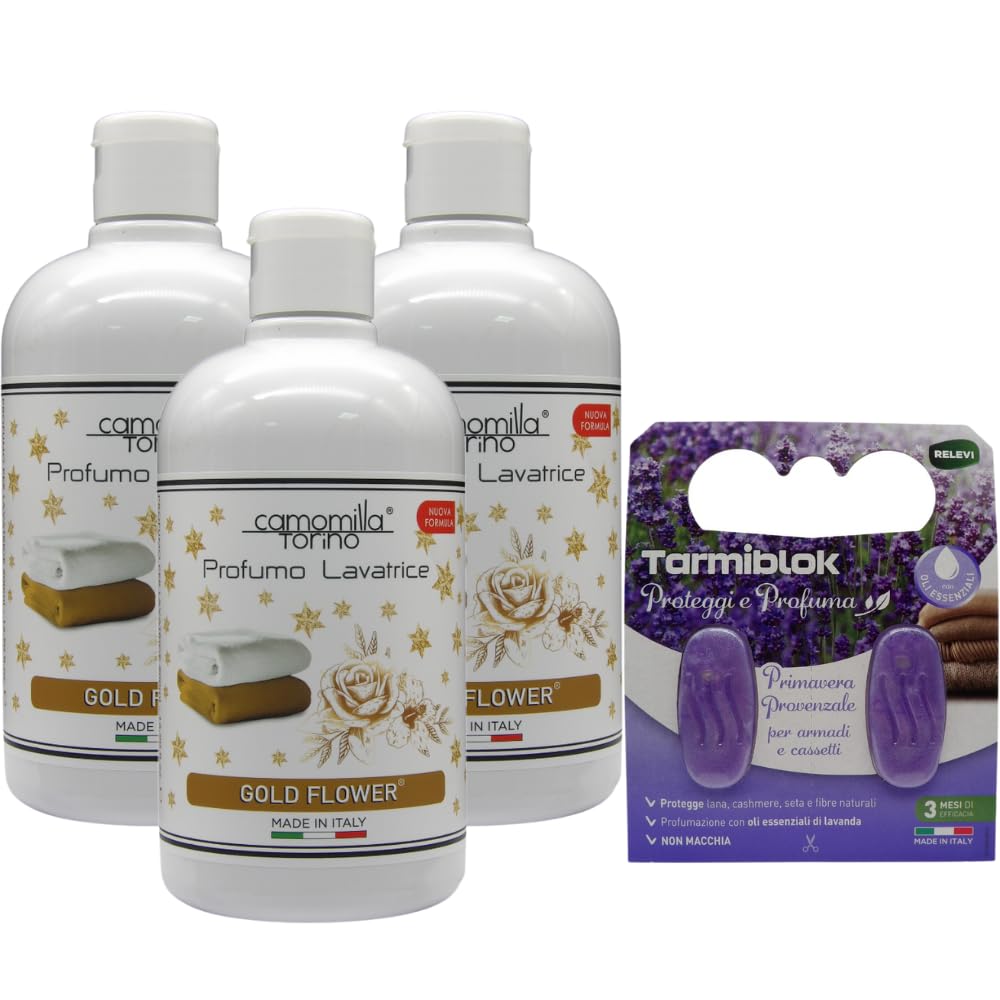 Camomilla Torino Kit 3x Profumo Concentrato Lavatrice Linea Preziosa, Gold Flower 500ml, Profumazione Innovativa e Duratura Dalle Note Fresche ed Uniche nel Loro Genere + Relevi Proteggi & Profuma