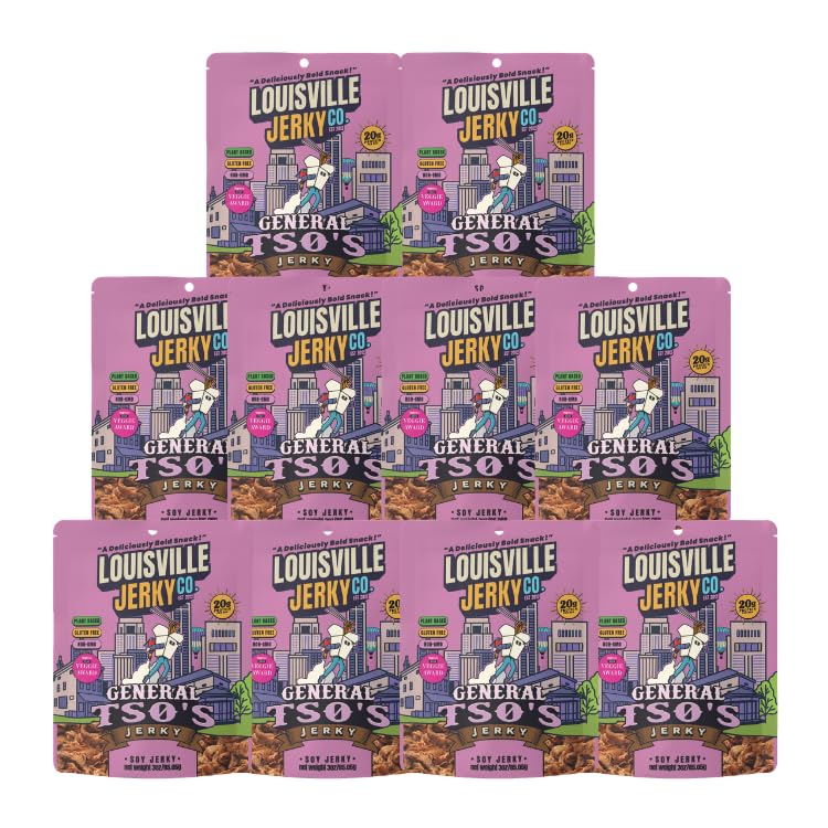 Image of Louisville Vegan Jerky - General Tso's Vegan and Vegetarian Meat - Lip-Smacking Vegan-Friendly & Vegetarian Jerky - Non-GMO 14 Grams Soy Protein, Gluten-Free Low Fat High Protein Vegan Snacks - 3 oz, 10 Pack