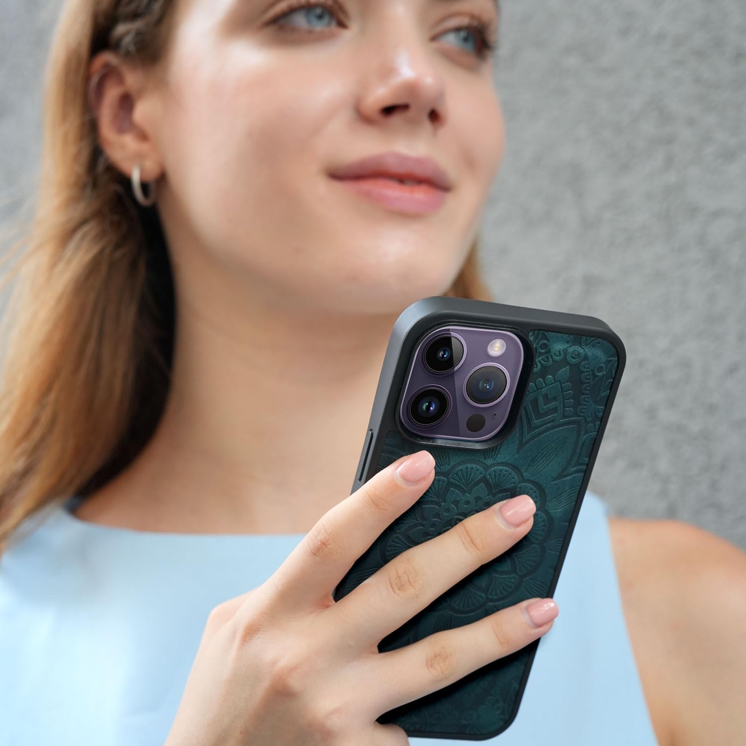 Harryshell Funda magnética desmontable para iPhone 14 Pro Max, compatible con carga inalámbrica Magsafe, ranuras para tarjetas, bolsillo con cremallera para dinero en efectivo (verde azulado floral)