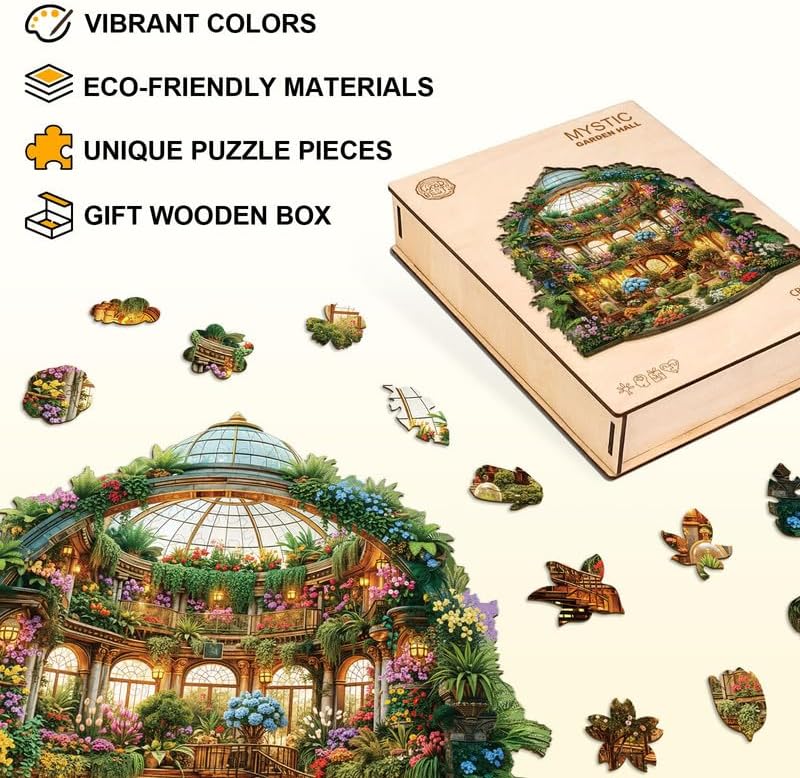 Jigfoxy Wooden Puzzles for Adults, Mystic Garden Hall Wood Puzzles Adult, How Many Fairies Can You Find in This Puzzle, Birthday Gifts for Puzzle Lovers, Family, Friend (M-11.4 * 11.4in-185pcs)