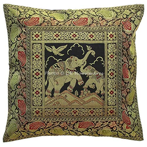 DK Homewares Brocade Ethnic Black Couch Throw Pillow Covers 16 x 16 Inch Brocade Jacquard Elephant Paisley Square Throw Pillow Covers 40x40 cm Home Decor Single Piece