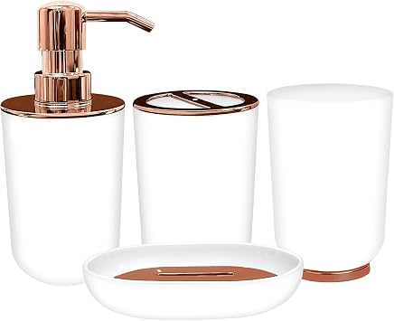 Blue Donuts Bathroom Accessories Set, Toothbrush Holder, Soap Dispenser, Rose Gold and White, 4 Piece