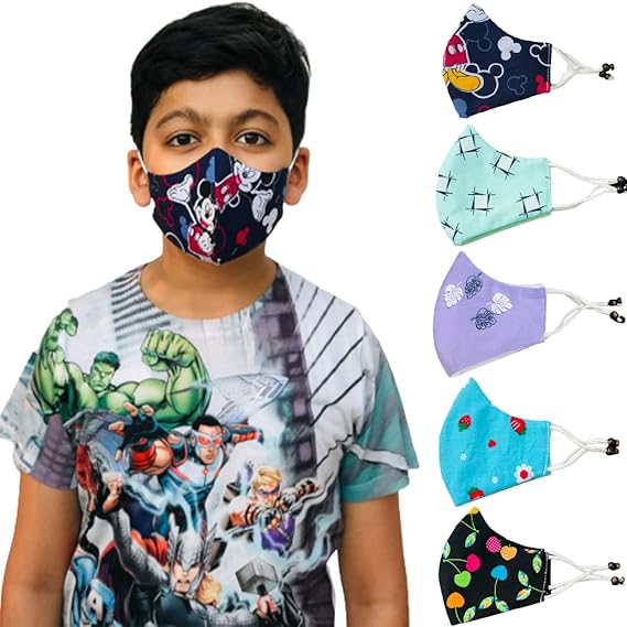 BRAHMANI Layer Kids Face Mask With Adjustor ? Reusable & washable Cotton Kids Mask For 3-7 Years Old Boys & Girls ? Designer Mask For Children (PACK OF 6)