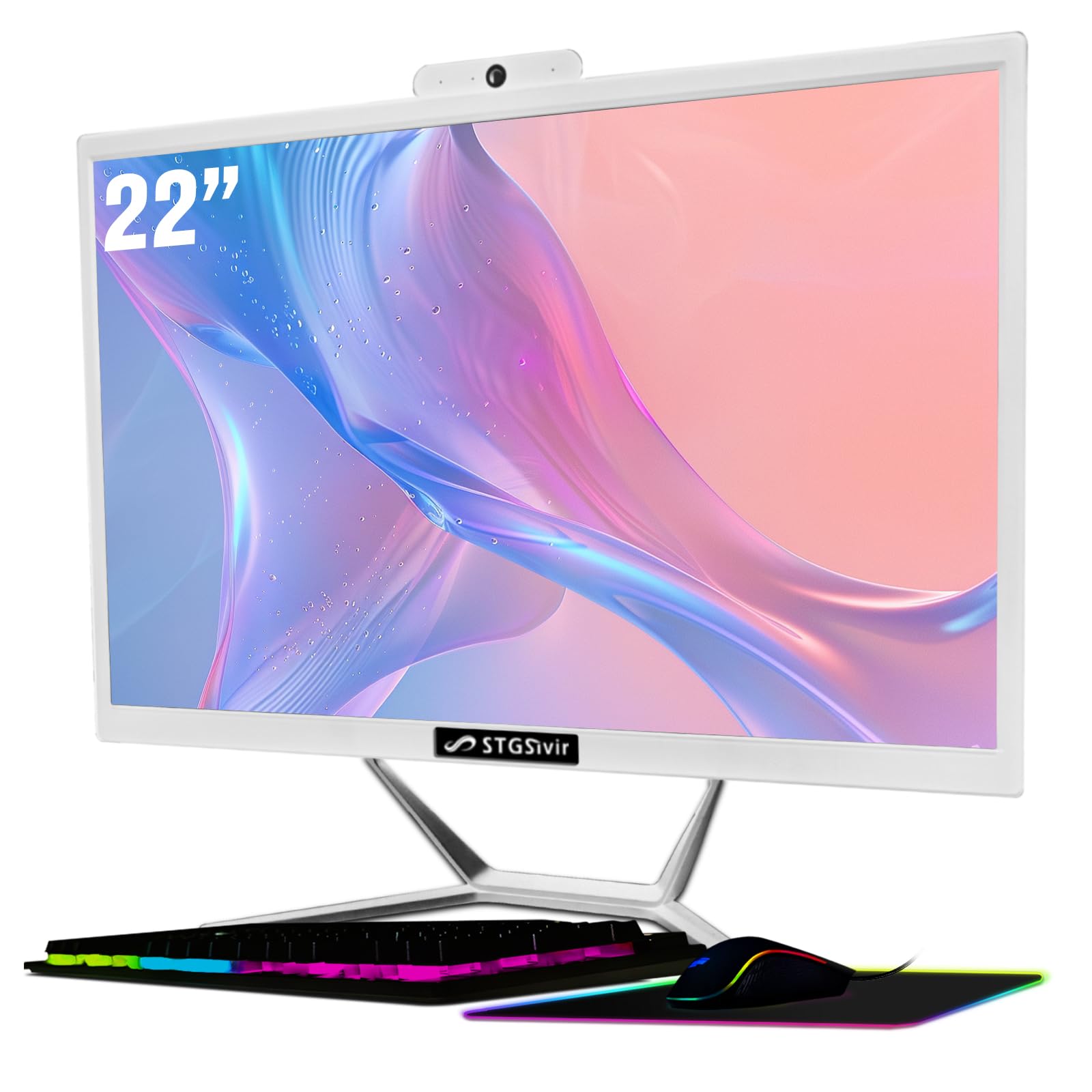 STGSivir All in One Desktop Computer, 22" Display, Intel Quad Core i5 up to 3.6GHz, 16G RAM, 512G SSD, WiFi 5, Bluetooth, RGB Keyboard & Mouse & Mouse Pad, Webcam, Windows 11 Home