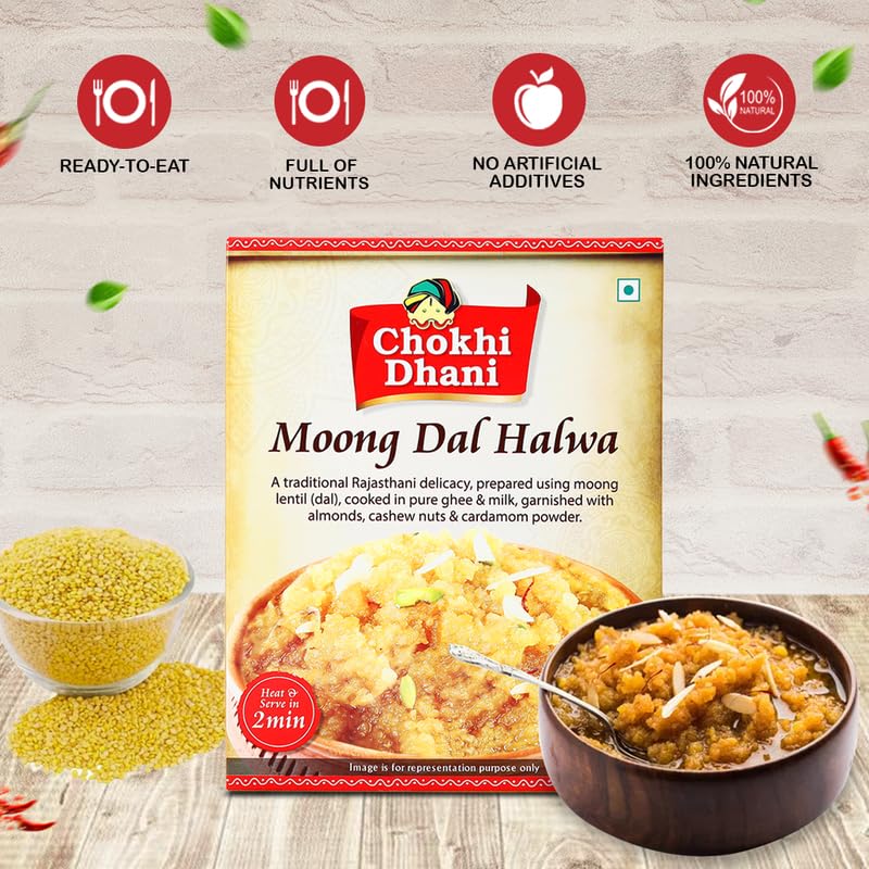 Image of Chokhi Dhani Moong Dal Halwa, Ready to Eat Indian Dessert, Instant Sweet Premix, Just Heat and Eat Traditional Mithai (Pack of 1, 250g)