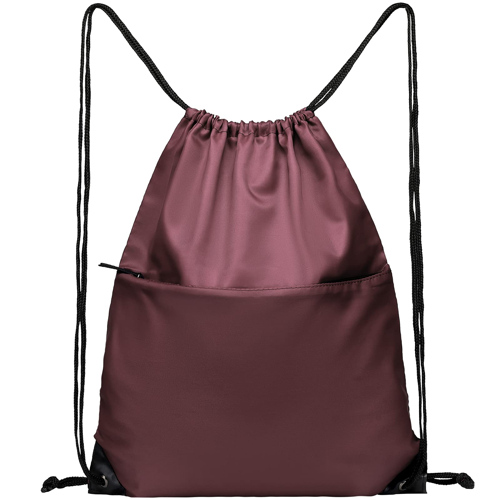 BuyAgain Drawstring Backpack Sports Water Resistant String Bag Sport Gym Sackpack for Women Men Large with Zipper, Burgundy