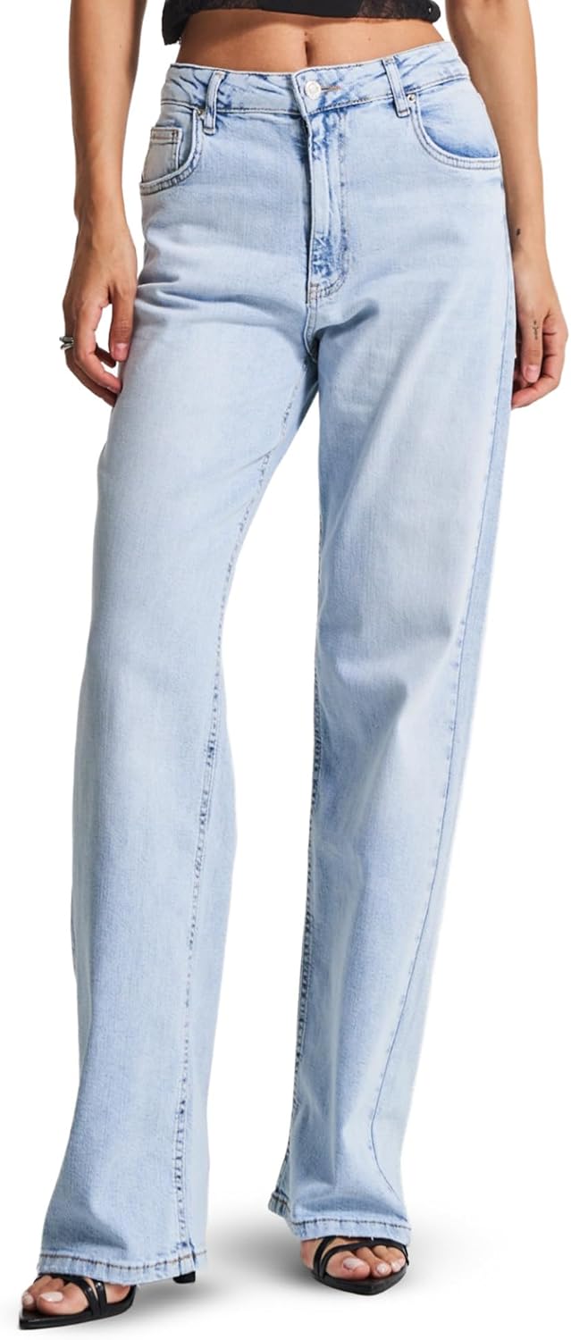IT'S BASIC Straight Wide Leg Jeans for Women High Waisted, Relaxed Fit Trendy Womens Jeans Stretchy Denim Pants, Stonewashed
