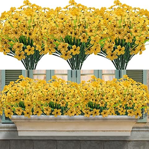 16 Bundles Artificial Flowers for Outdoor,UV Resistant Fake Flowers No Fade Faux Fake Plants for Hanging Garden Porch Window Box Outside Decoration,Home Indoor Decor(Yellow) Cover