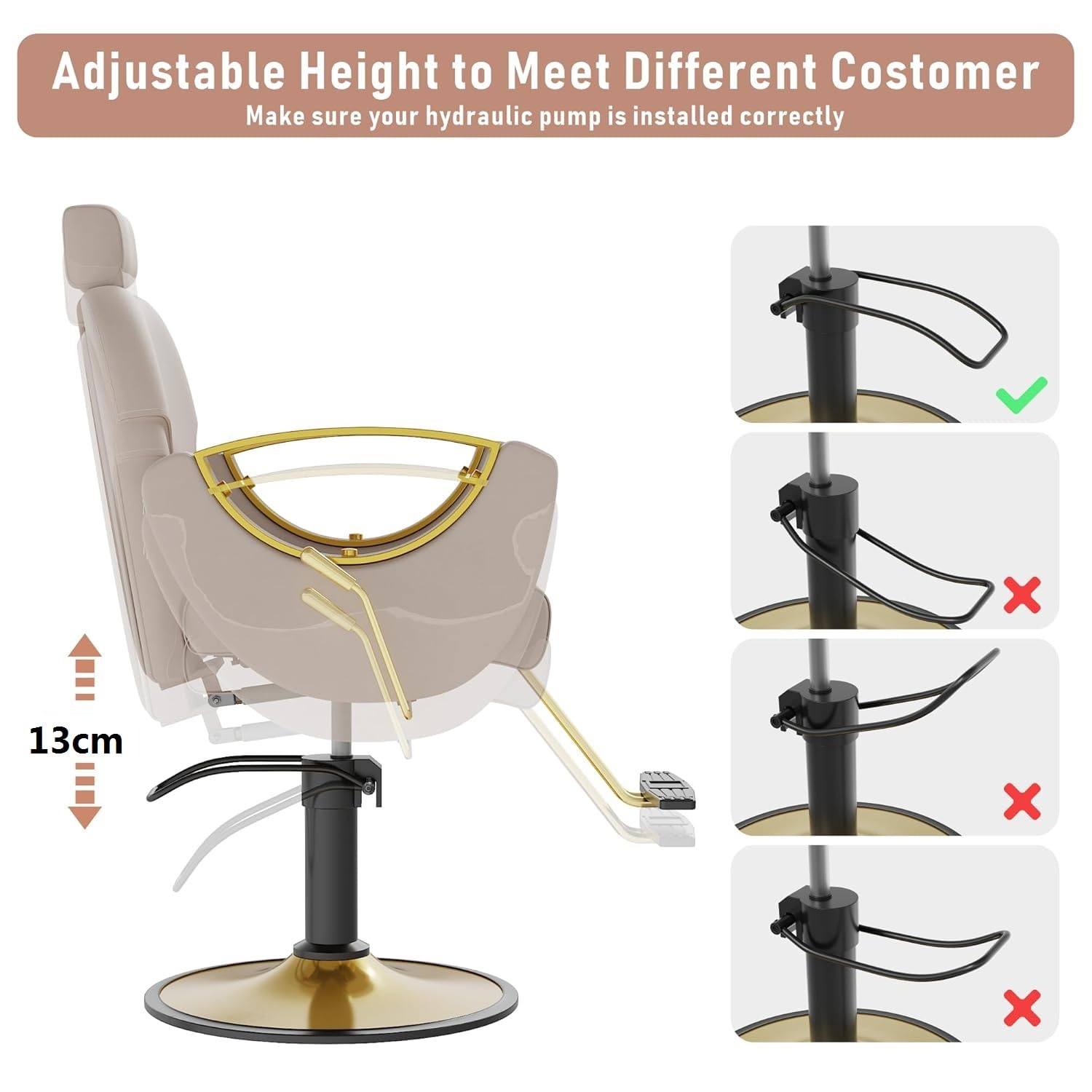 Silla de peluquería Profesional Sillón Profesional Giratoria 360°con Altura Regulable Reposacabezas Ajustable y Reposapiés para Salón de SPA y Belleza, Barbería, Carga 150 kg (Beige Dorado)