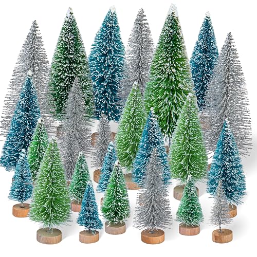Btowin VCF Lot de 30 mini sapins de Noël artificiels en sisal avec base en bois - 3 couleurs - Décoration pour fête de Noël, décoration de table
