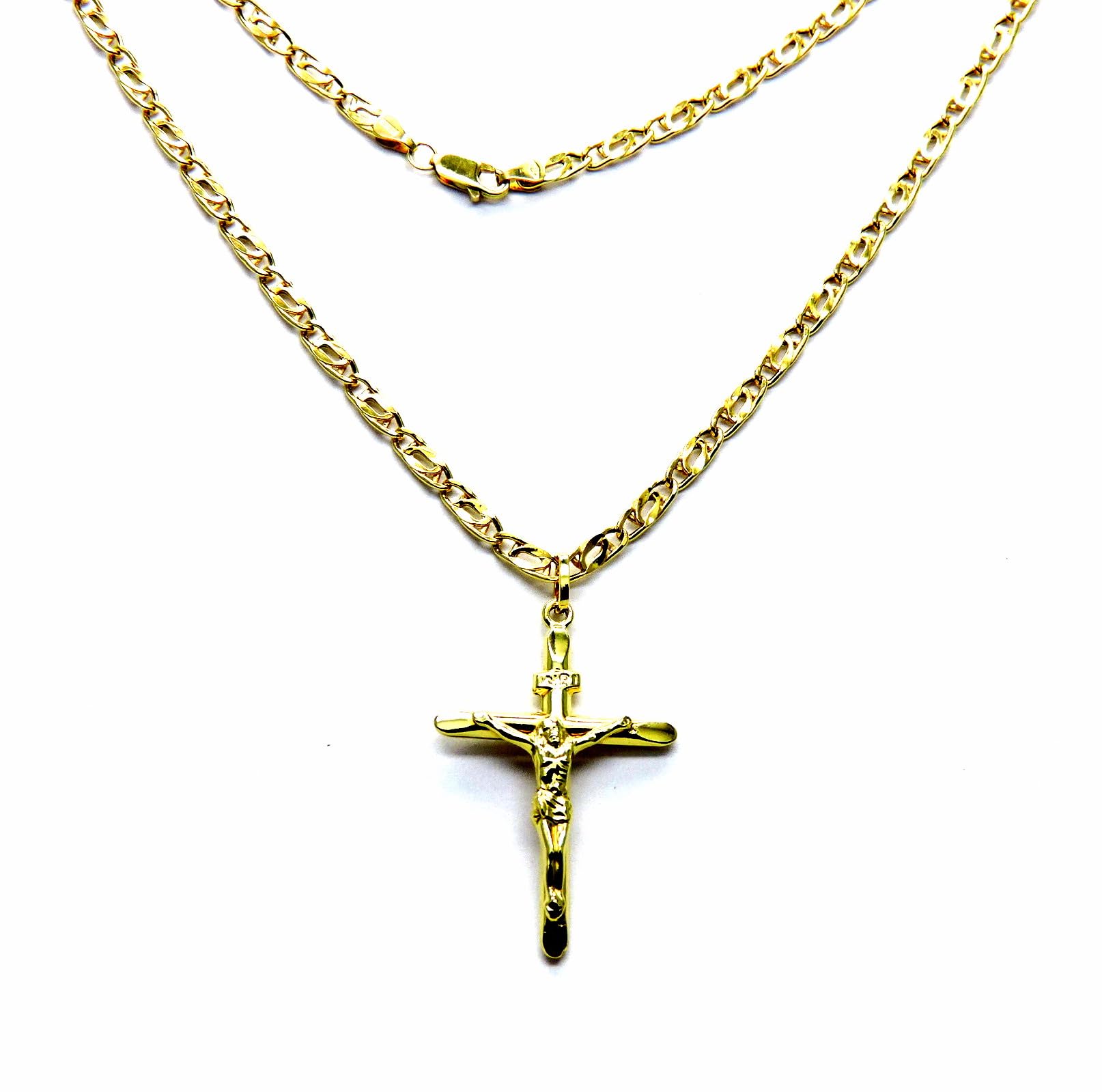Collana Uomo in Oro Giallo 18kt 750 Catena Pernice Pinzata con Pendente Religioso Croce Gesù Cristo Smussata cm 50