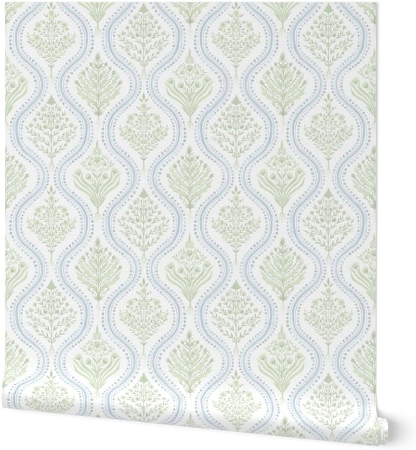 Spoonflower Removable Wallpaper Swatch - Preppy Paisley Green Blue Cottage Vine Large Traditional Curve Ogee Classic Grandmillennial Custom Pre-Pasted Wallpaper