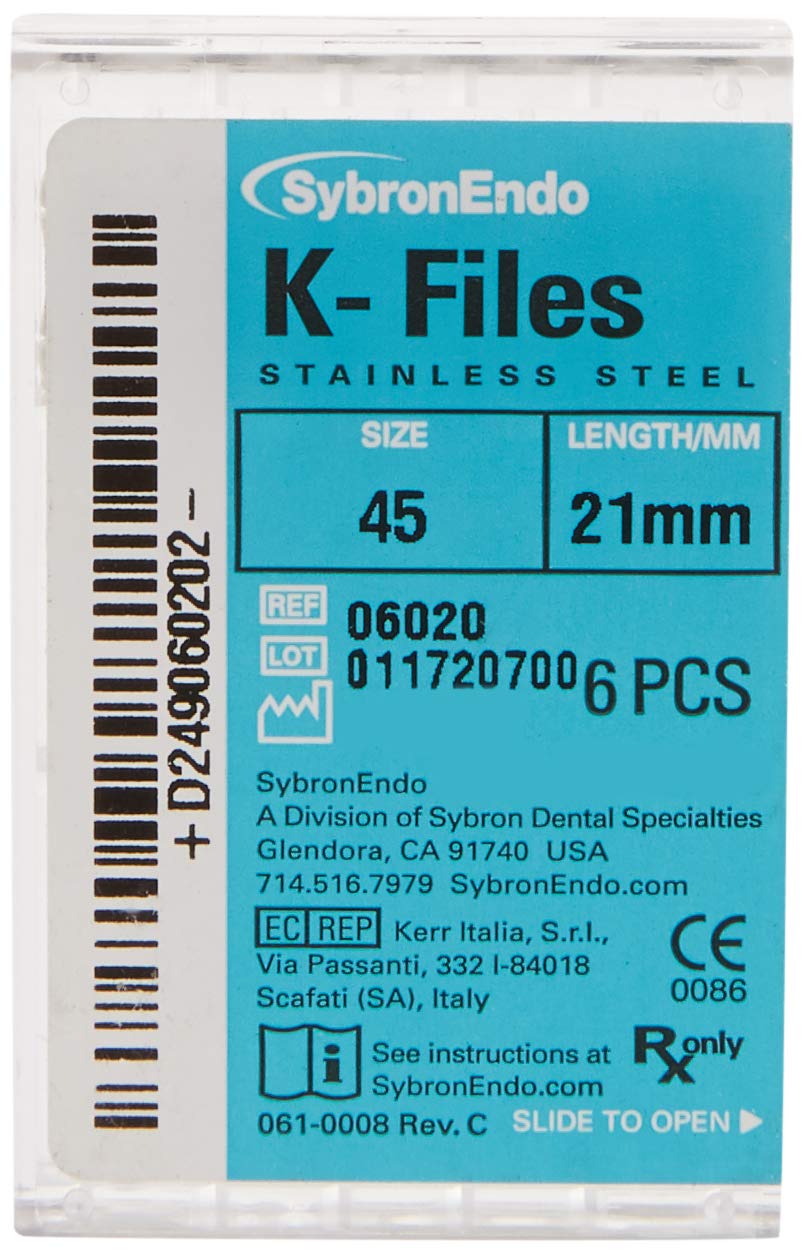 6020 Endo Hand K-File, 0.02 mm Taper, 21 mm Length, Stainless Steel, #45 Tip Size, White (Pack of 6)