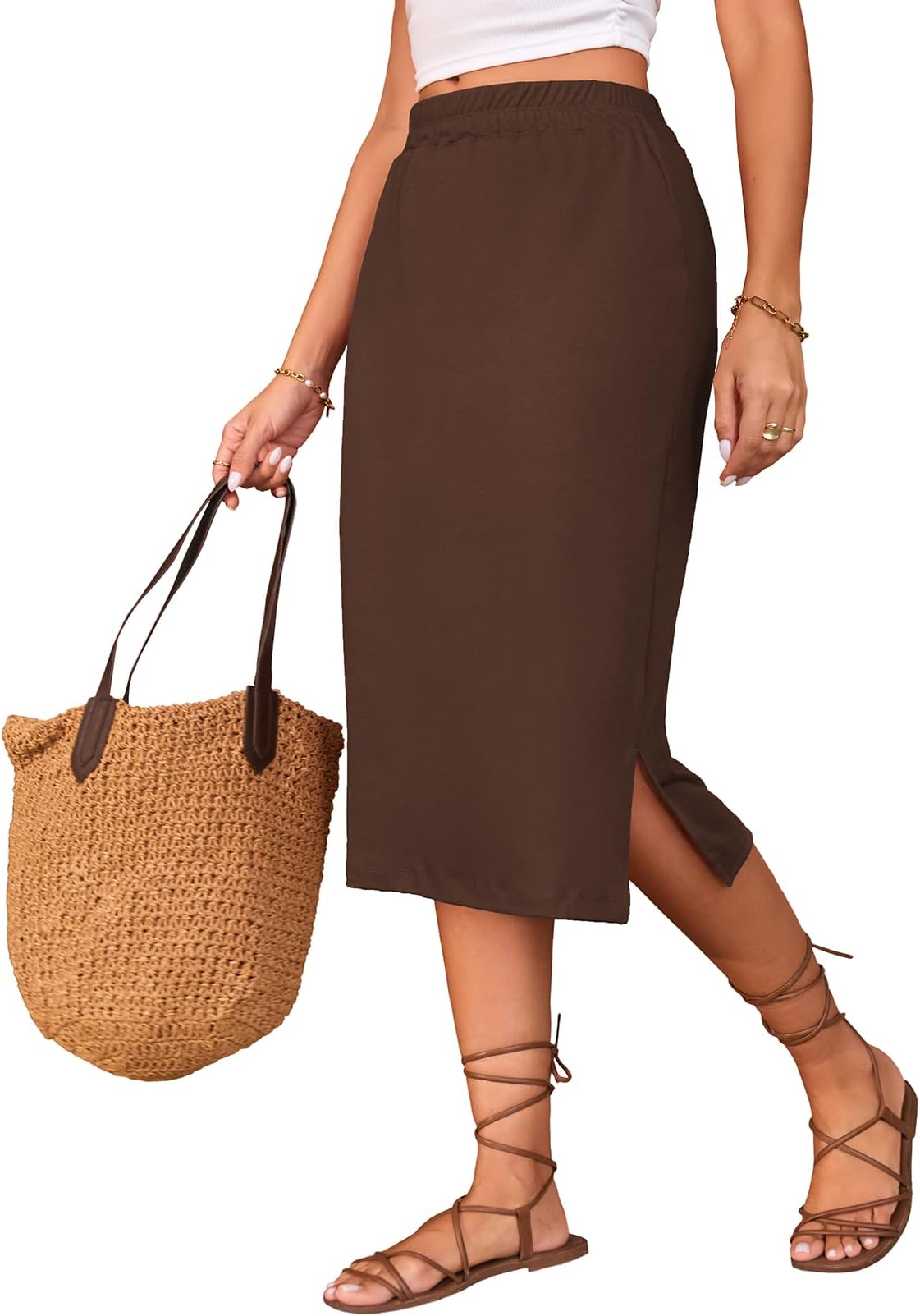 Midi Skirts for Women Summer Elastic High Waisted Side Slit Long Skirts