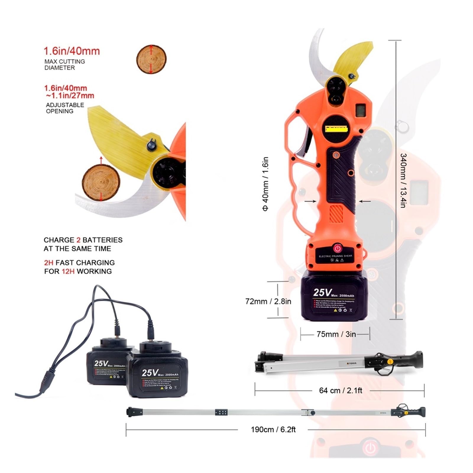 Podadora eléctrica portátil de 25 V, podadora inalámbrica de 40 mm, tijeras de podar eléctricas con poste de extensión de alcance, sierra de cadena eléctrica de 5 pulgadas, cortador de ramas de poda