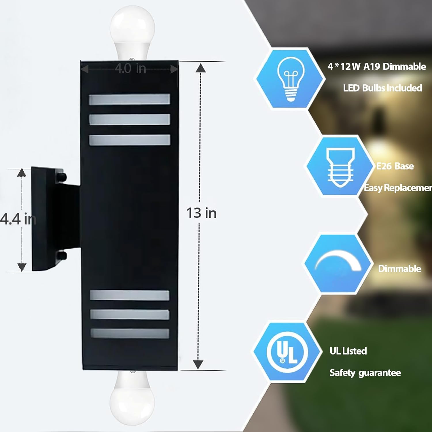 Motion Sensor Outdoor Wall Lights, Dusk to Dawn Exterior Light Fixture with 3 Modes, Waterproof Modern Dimmable Porch Light with Up Down Lighting for Patio, Garage, Front Door, Matte Black, 2Pack