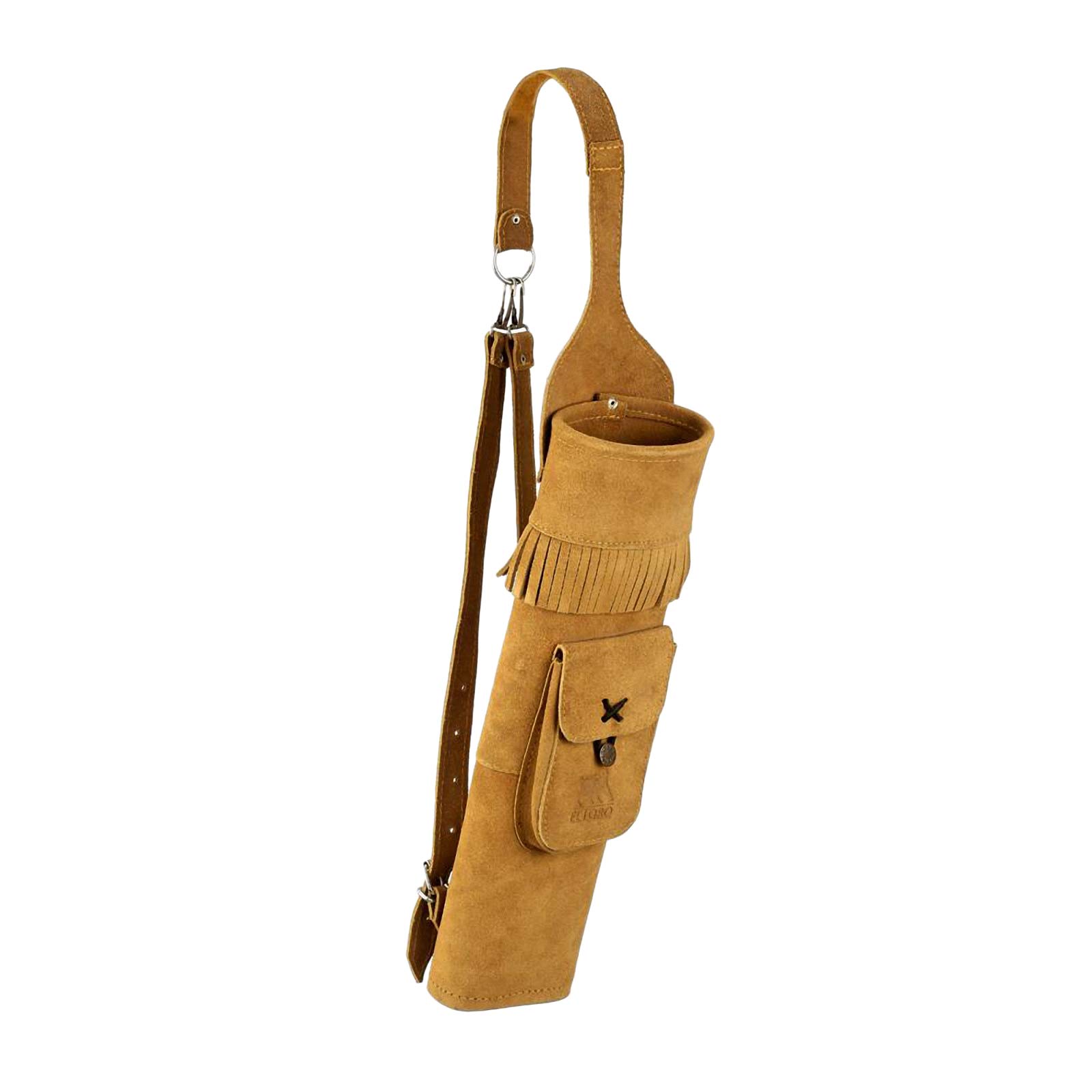 elToro Rückenköcher Wildleder mit aufgesetzter Tasche und Fransen | klassischer Pfeilköcher mit verstellbarem Schultergurt, 45 cm Höhe, traditionelles Design für Bogenschützen