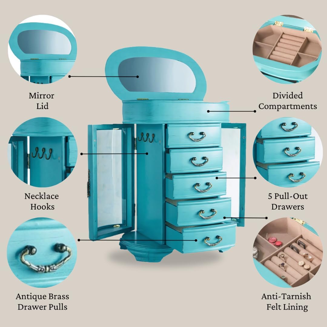 Hives & Honey Daphne Oval Glass Turquoise Jewelry Chest Jewelry Organizer Box Case Mirrored Storage - Image 5