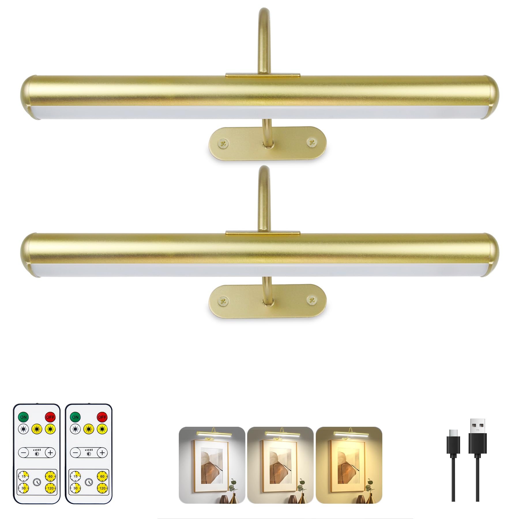 Set of 2 Picture Lights on Wall Rechargeable and Remote, Full Metal Painting Light with 3 Lighting Colors Brightness Dimmable and Timer Auto-OFF, Above Artwork Dartbord Display Gallery Portrait