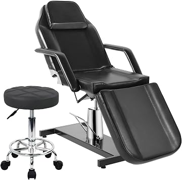Hydraulic Tattoo Chair Esthetician Bed with Rolling Stool, Black Tatoo Bed Table for Arist, 360 Swivel Adjustable Facial Chair Spa Table