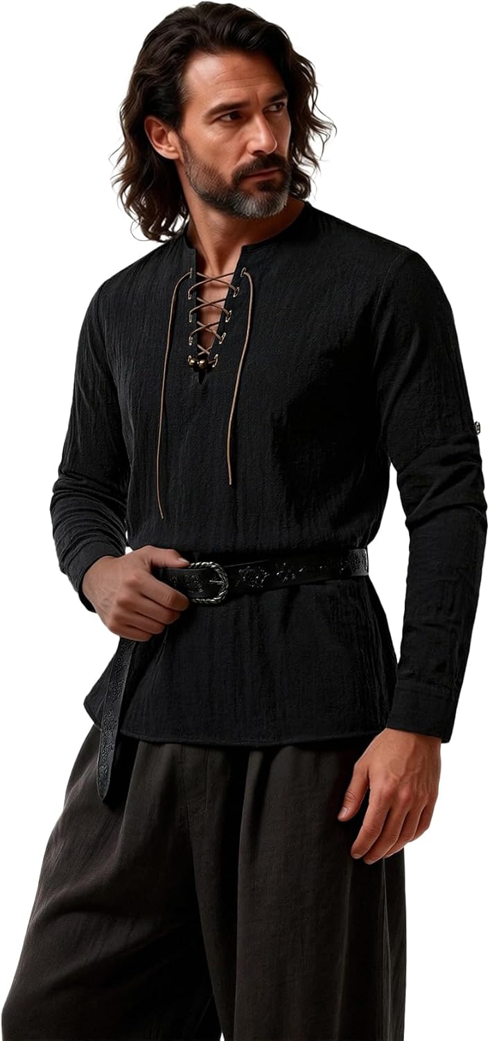JEMITOP Men's Renaissance Pure Cotton Lace Up Shirt V-Neck Long Sleeve Retro Costume for Medieval Pirate Viking Without Belt - Image 2
