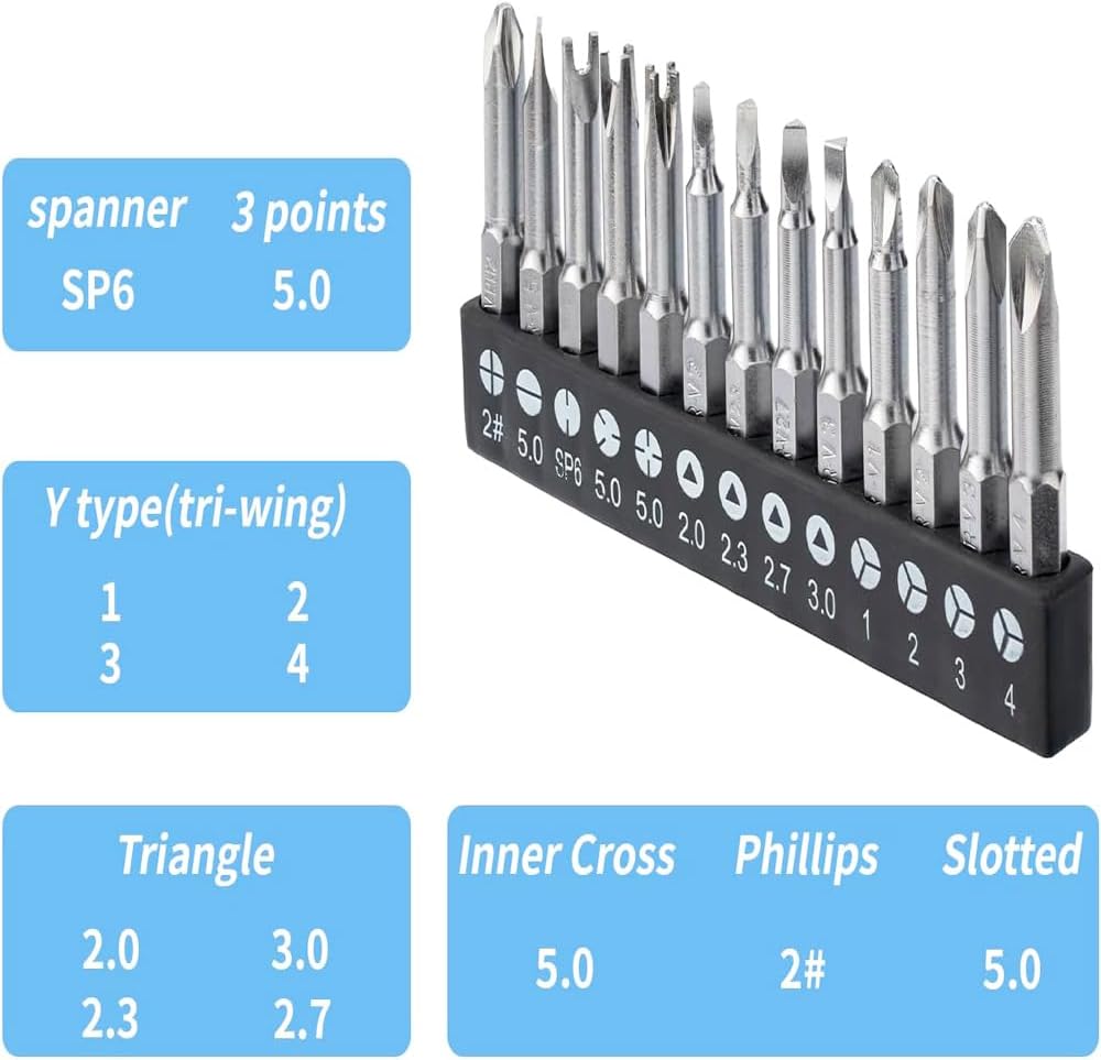 13 Pcs 1/4" Hex Shank Alloy Steel Triangle Cross Slotted Y-Type Spanner Inner Cross Magnatic Screwdriver Drill Bits Set Spanner Screwdriver Bits 50MM Length