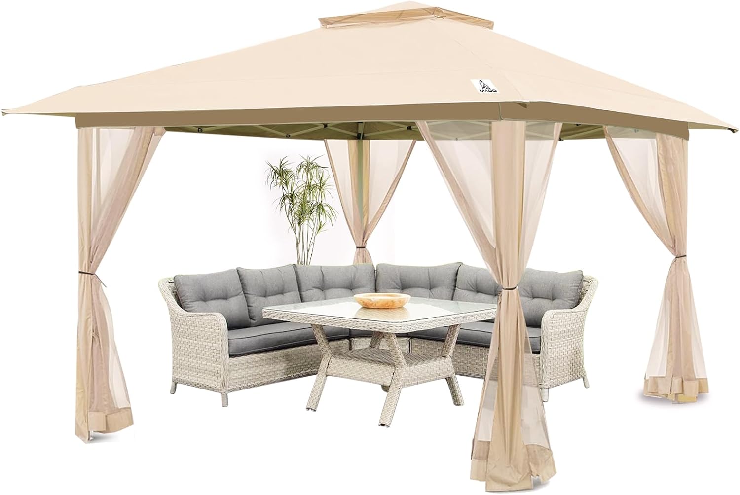 MAOO 12'X12' Pop Up Patio Gazebo with 4 Sidewalls Mosquito Netting, Heavy Duty Canopy Tent with Double Air Roofs for Backyards, Patios, Decks, Gardens, Parks (Beige)