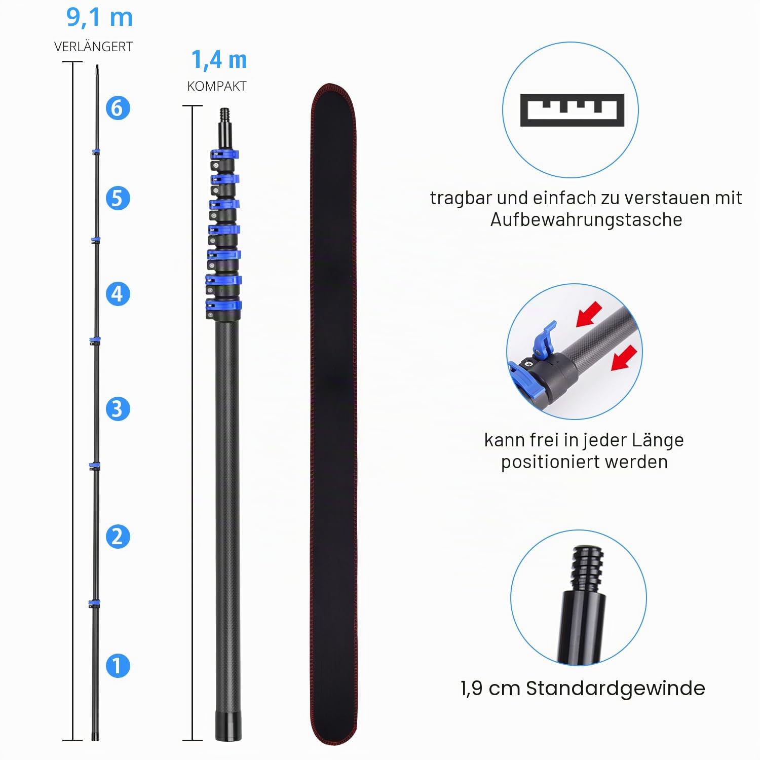 Staubwedel Teleskop 9.15m, Teleskopstange Kohlefaser Fensterreinigung, Staubwedel Ausziehbar Kohlefaser, Spinnwebenbesen mit Teleskopstiel Für Deckenventilatoren, Wände & Lampenschirme(5 Stück)