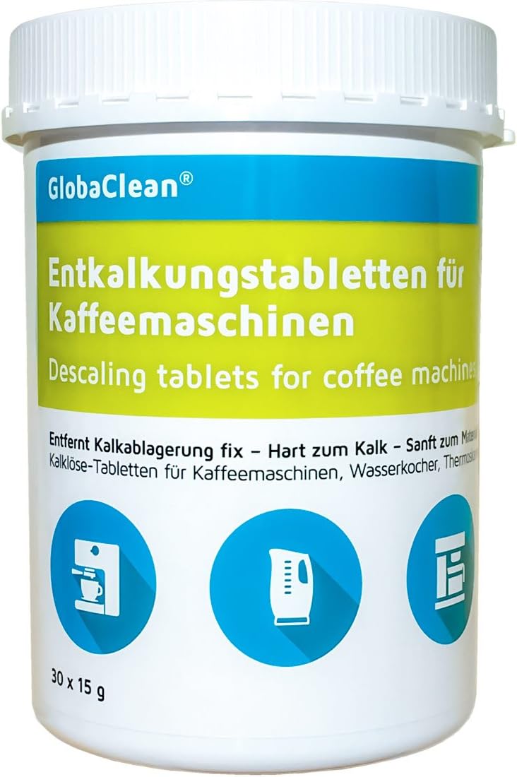 Descaling tablets for automatic coffee machines and electric kettles, 30 descaling tablets suitable for WMF, Delonghi, Jura, Siemens, Bosch Tassimo and more, GlobaClean®, limescale cleaner