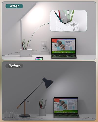 Miniatura 4 de Addtam Lámpara de escritorio LED con soporte para bolígrafo, lámparas de estudio con 3 tomas, 4 puertos de carga USB (2 USBC), 3 modos de color,