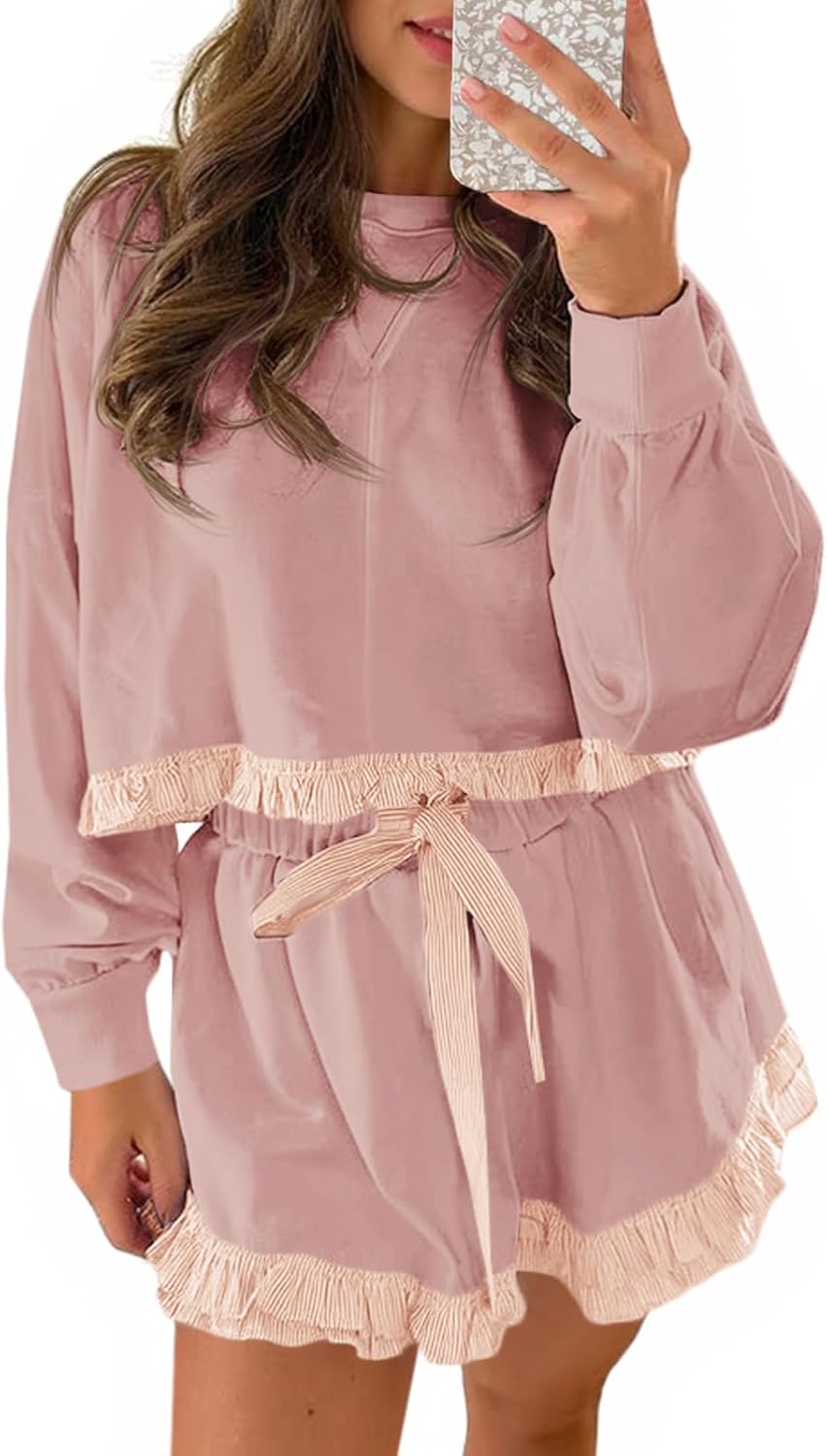 Fisoew Women's 2 Piece Lounge Sets Color Block Ruffle Cropped Sweatshirts Loose Drawstring Waist Shorts Sweatsuits