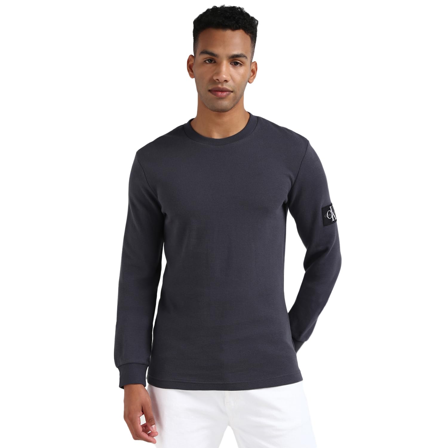 Calvin Klein Men’s Basic Badge Waffle Long Sleeve Top, Grey (Ebony), XXS