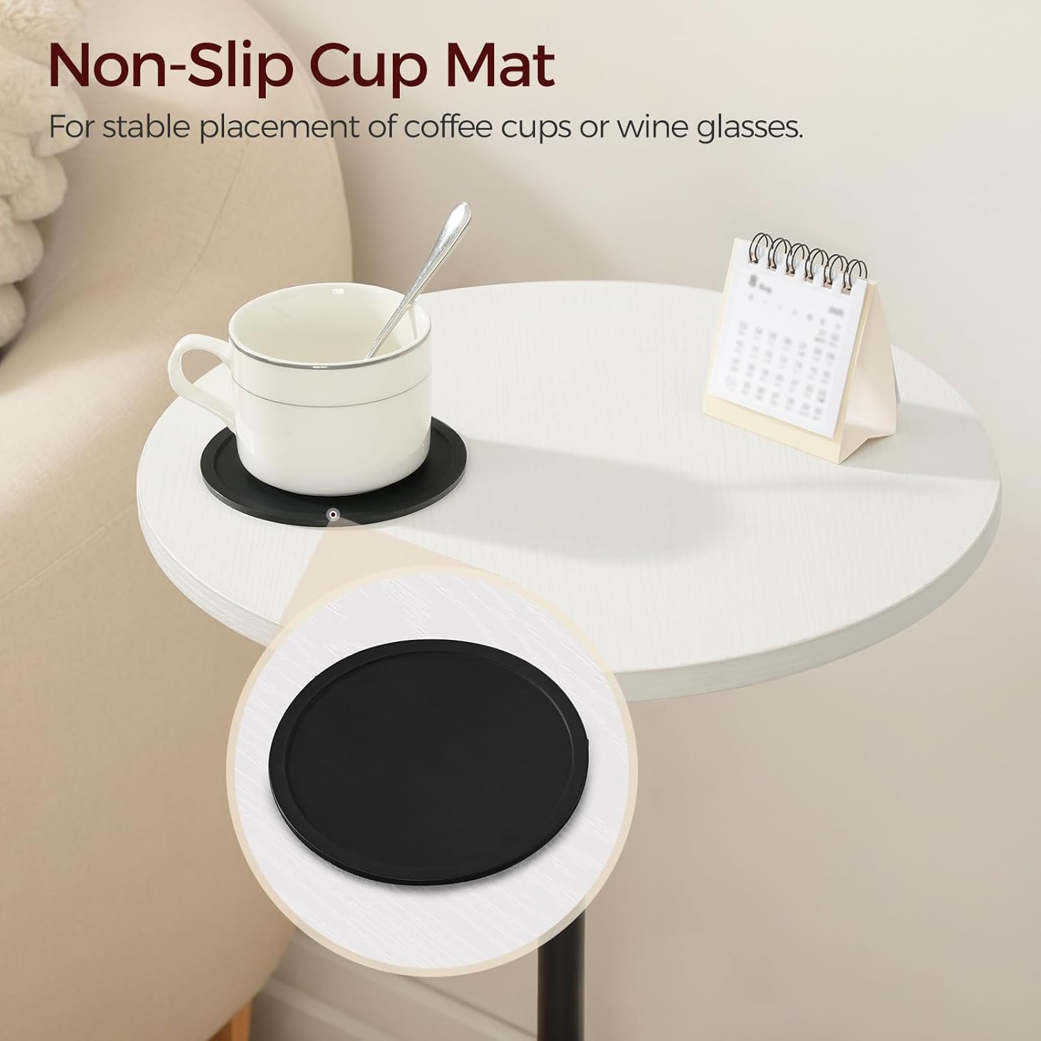 MAHANCRIS Small Round Side Table, Adjustable Height Drink Table, Pedestal Side Table with LED Light and Cup Mat, Coffee Martini Table, for Small Spaces, White and Black ETHW32E01