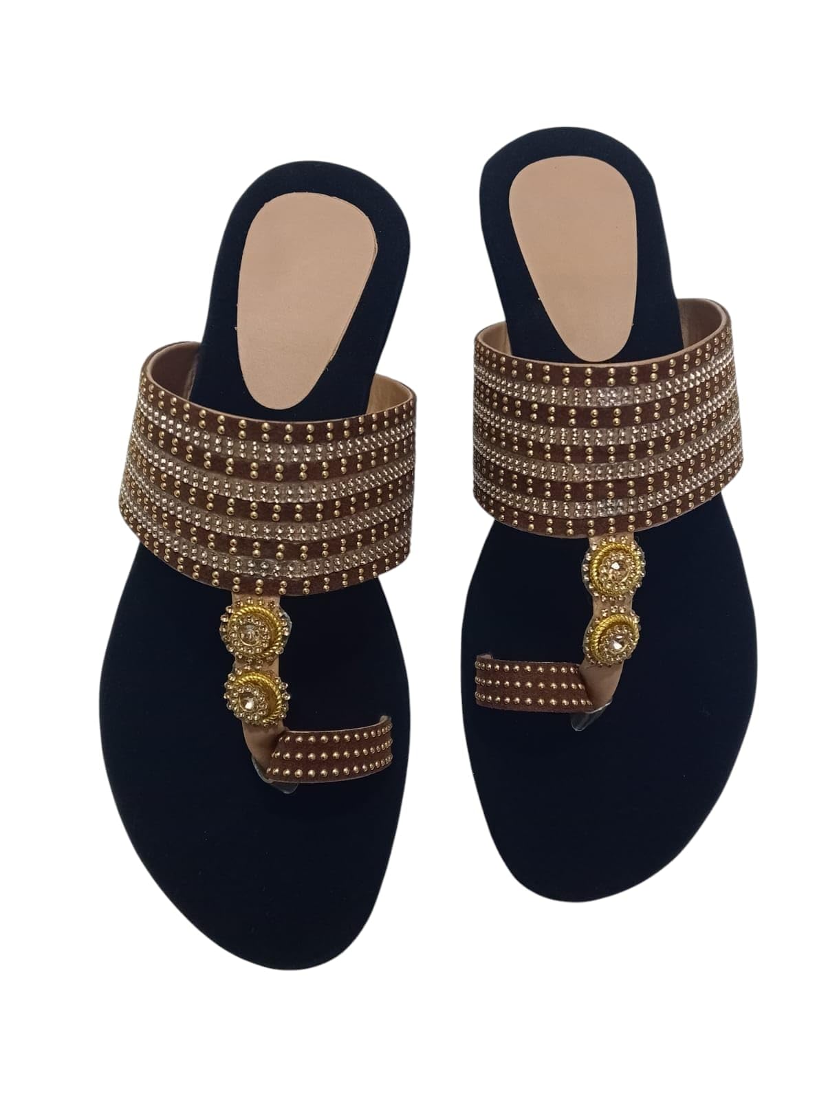Women's Embroidered Kolhapuri Flats with Gold Bead Work, Black-image-22