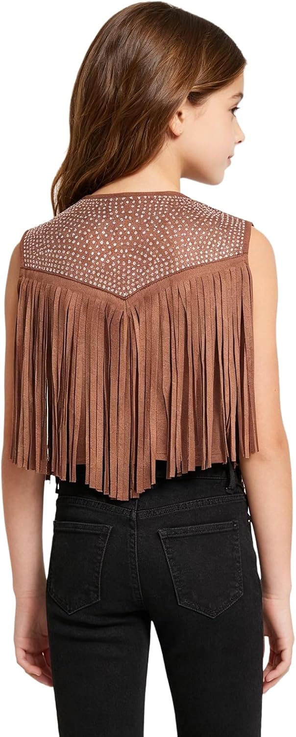 Girls Faux Suede Vest Cowgirl Waistcoat Western Disco Dance Outfit Tassels Jacket Dress Up Party Tops