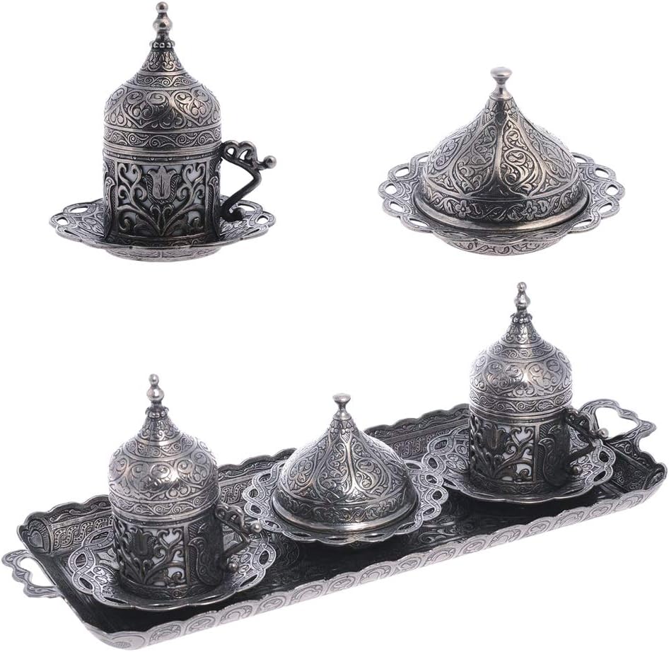 Alisveristime Authentic Turkish Coffee Cup Set: Zamak & Porcelain, Tulip Motifs (Set of 2) (Lale) (Black)