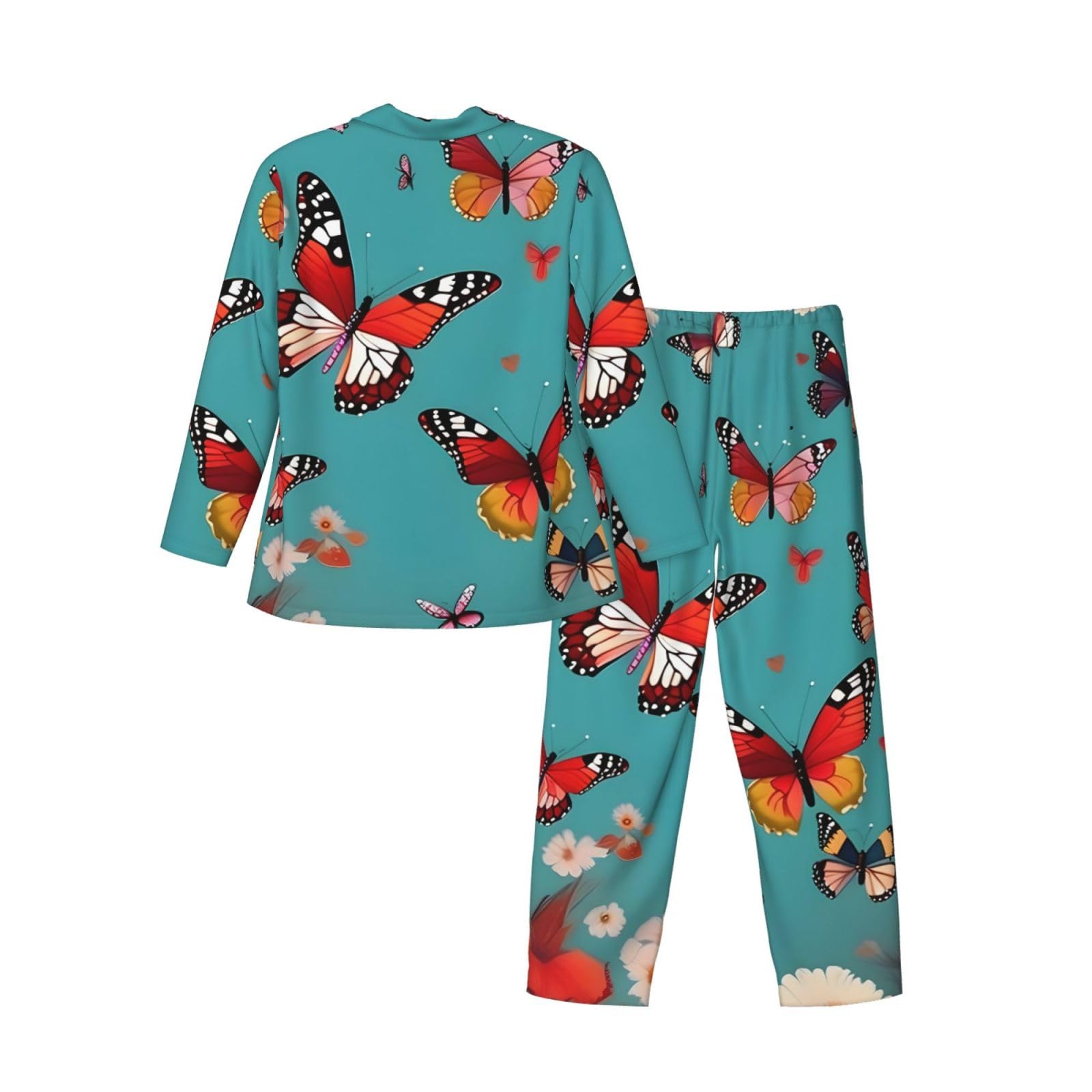 Hen Flying Butterflies Among Flowers Print Herren-Pyjama-Set, langärmelig, zweiteilig, Hauskleidung, bequeme Nachtwäsche