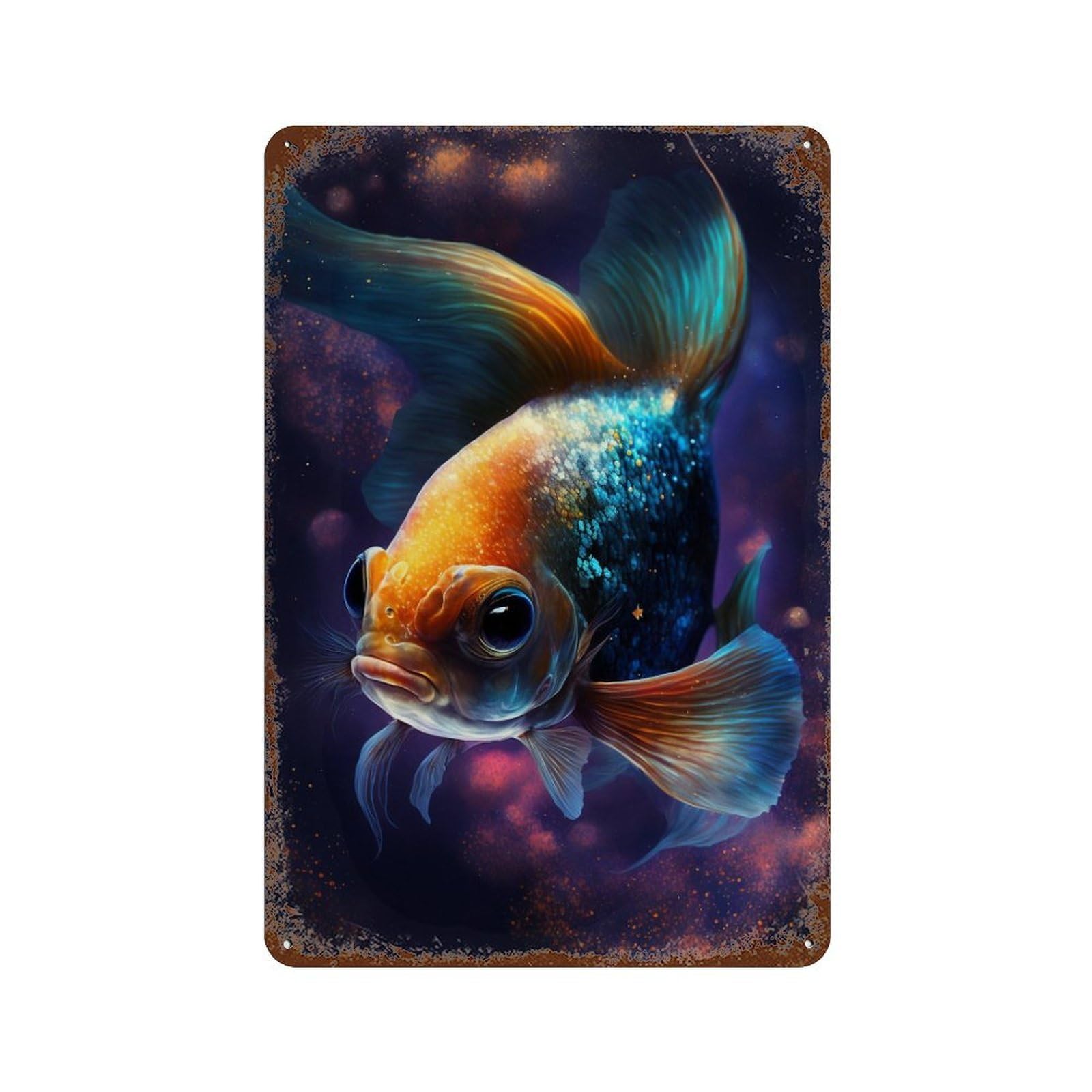 Distressed Metal Wall Sign Cosmic Goldfish Art Print-1 11.8"x7.9", Old School Wall Decor for Bistro, Counter And Cafe Decor