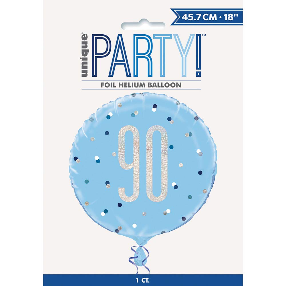 Unique Party Supplies 83364 Folien-Geburtstags-Luftballon - 45 cm - 90. Geburtstag - Glitzer Blau & Silber Geburtstag